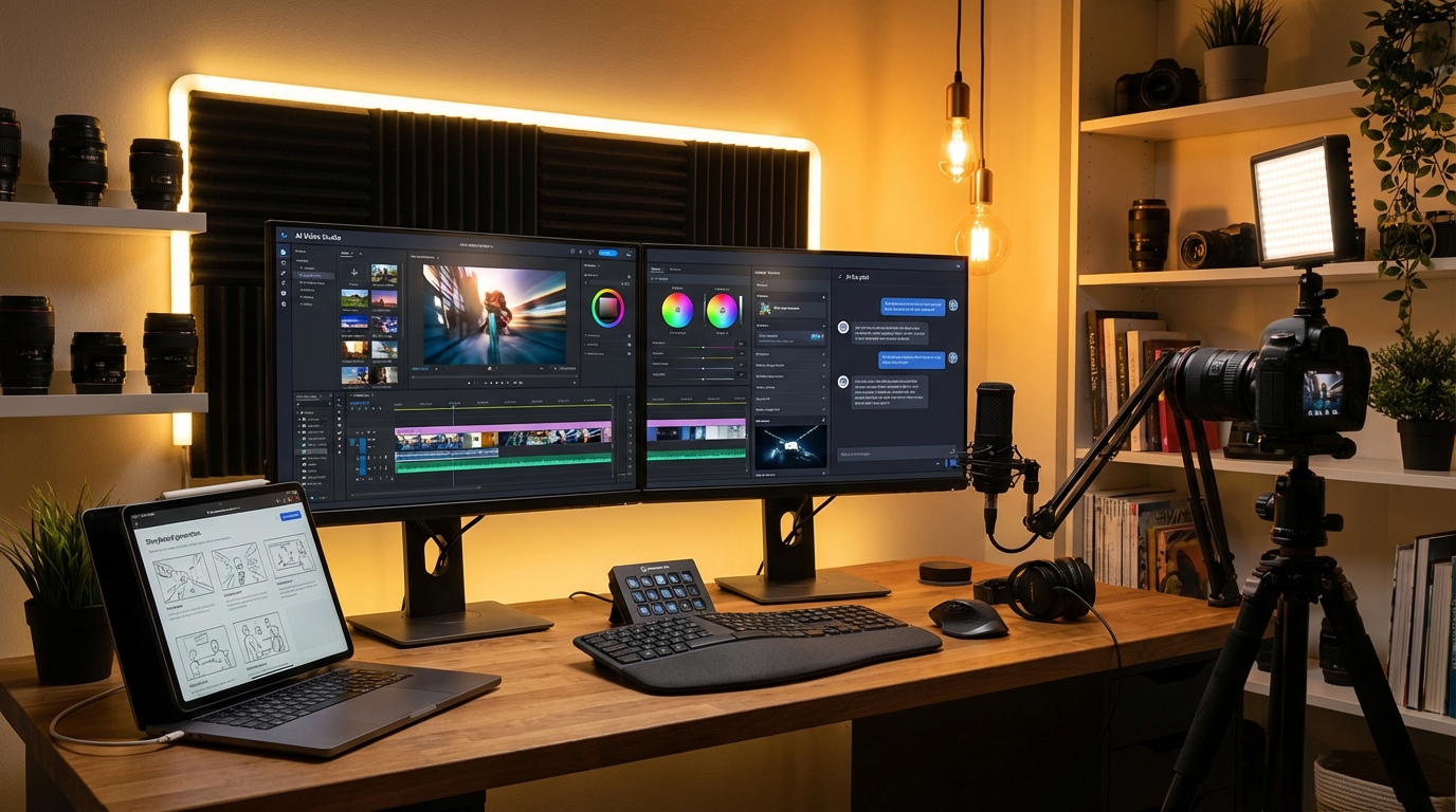 Content creator workspace with AI video editing tools