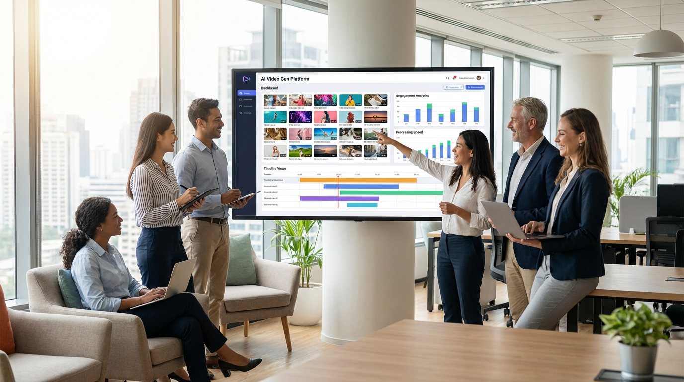 Marketing team collaborating on AI video content creation