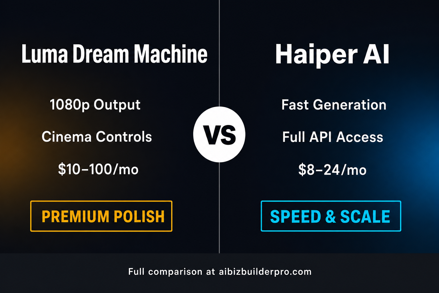 Luma Dream Machine vs Haiper AI comparison card showing pricing, features, and key differentiators for each AI video generator