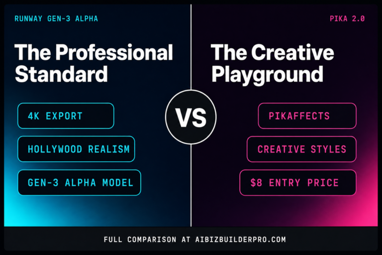 Runway Gen-3 Alpha vs Pika 2.0 comparison card showing key features and pricing for each AI video generator