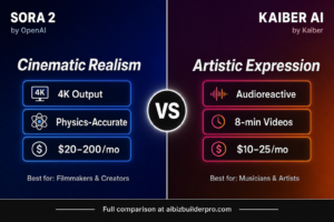 Sora 2 vs Kaiber AI comparison card showing pricing, features, and key differentiators - cinematic realism versus artistic expression