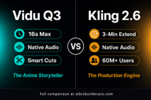 Vidu Q3 vs Kling 2.6 comparison card showing key stats for each AI video generator