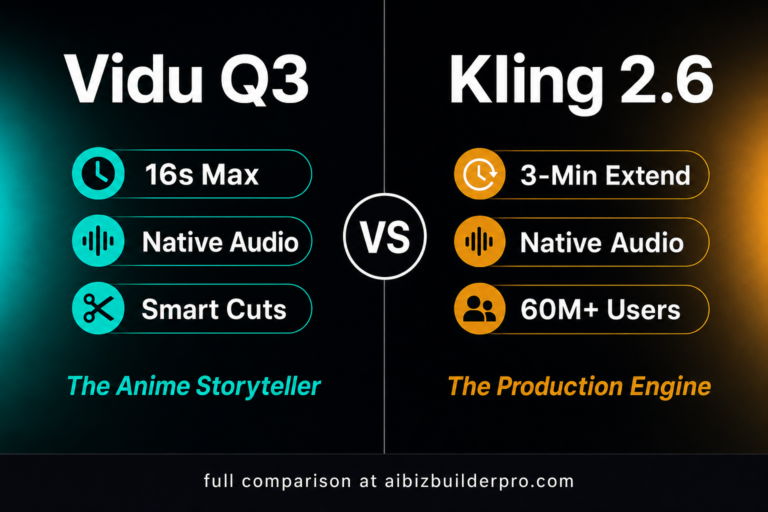 Vidu Q3 vs Kling 2.6 comparison card showing key stats for each AI video generator